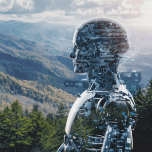 Anthropomorphized robot with a circuitry overlay. Behind the robot is a landscape of trees and Appalachian mountains.
