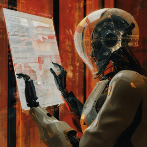 An anthropomorphized AI chatbot writes and revises a document on a transparent display.