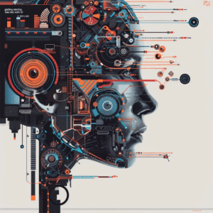 The head of an anthropomorphized AI chatbot overlaid with circuitry boards