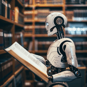 An anthropomorphized AI chatbot reviewing a book in a library
