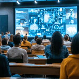 College students in a lecture hall, looking at digital technology drawings on the front screen