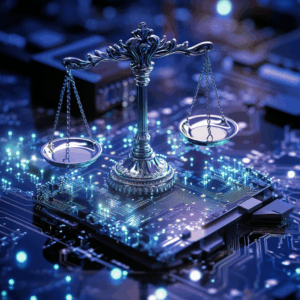 Blue computer chip and circuitry with a silver scale of justice