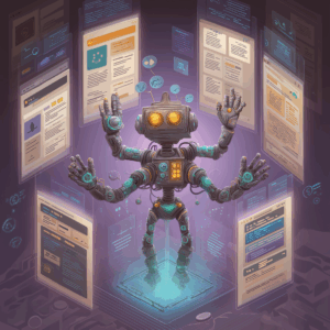 An anthropomorphized AI robot surrounded by floating holographic screens, each displaying a different tool interfaces